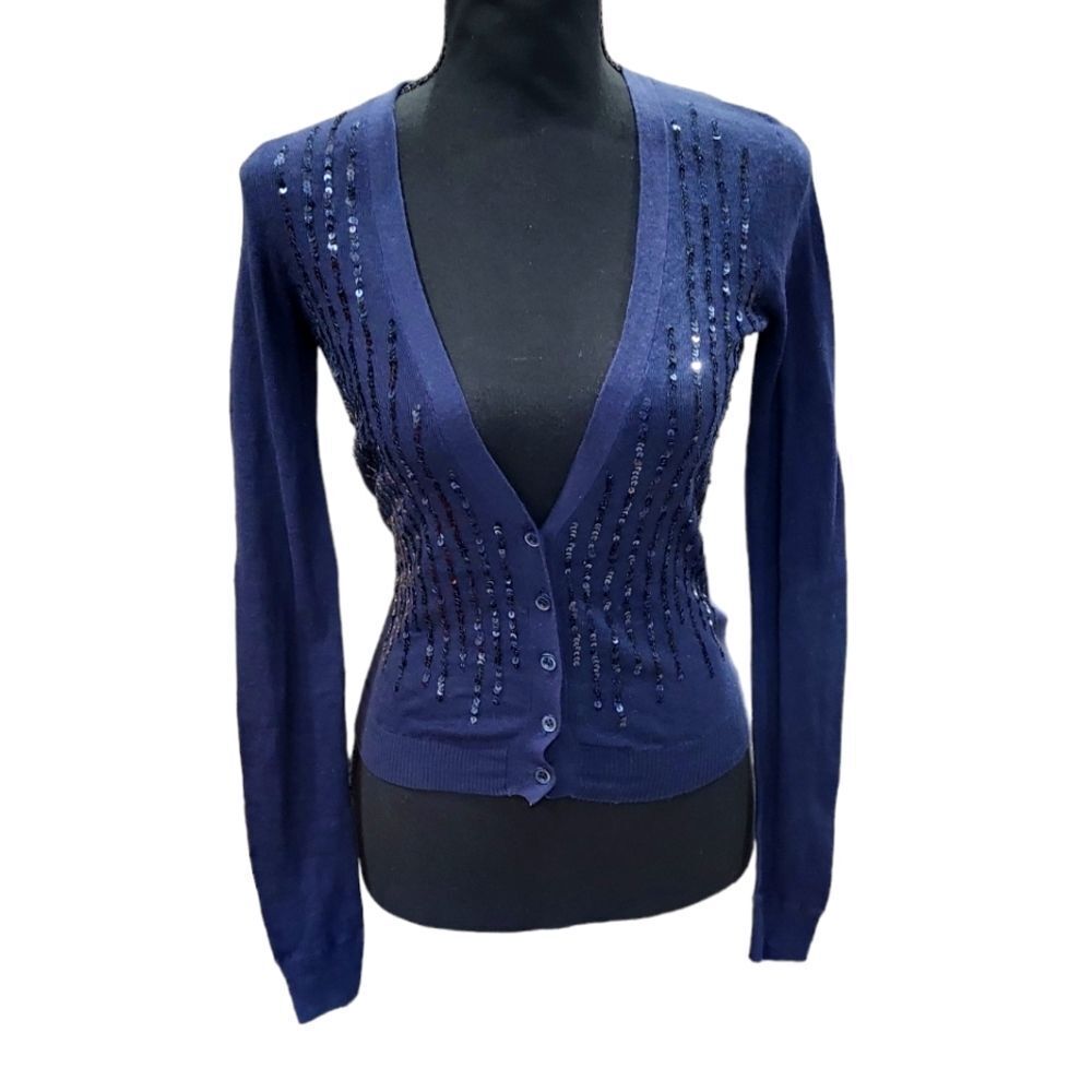 NWT J. Crew women's navy Sequins metallic V-neck sweater cardigan XS 100% cotton